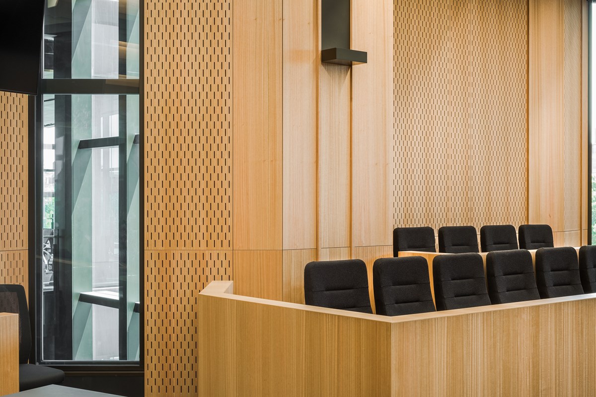 PNV Chch courtroom perforated Eucalyptus Oak QC panels