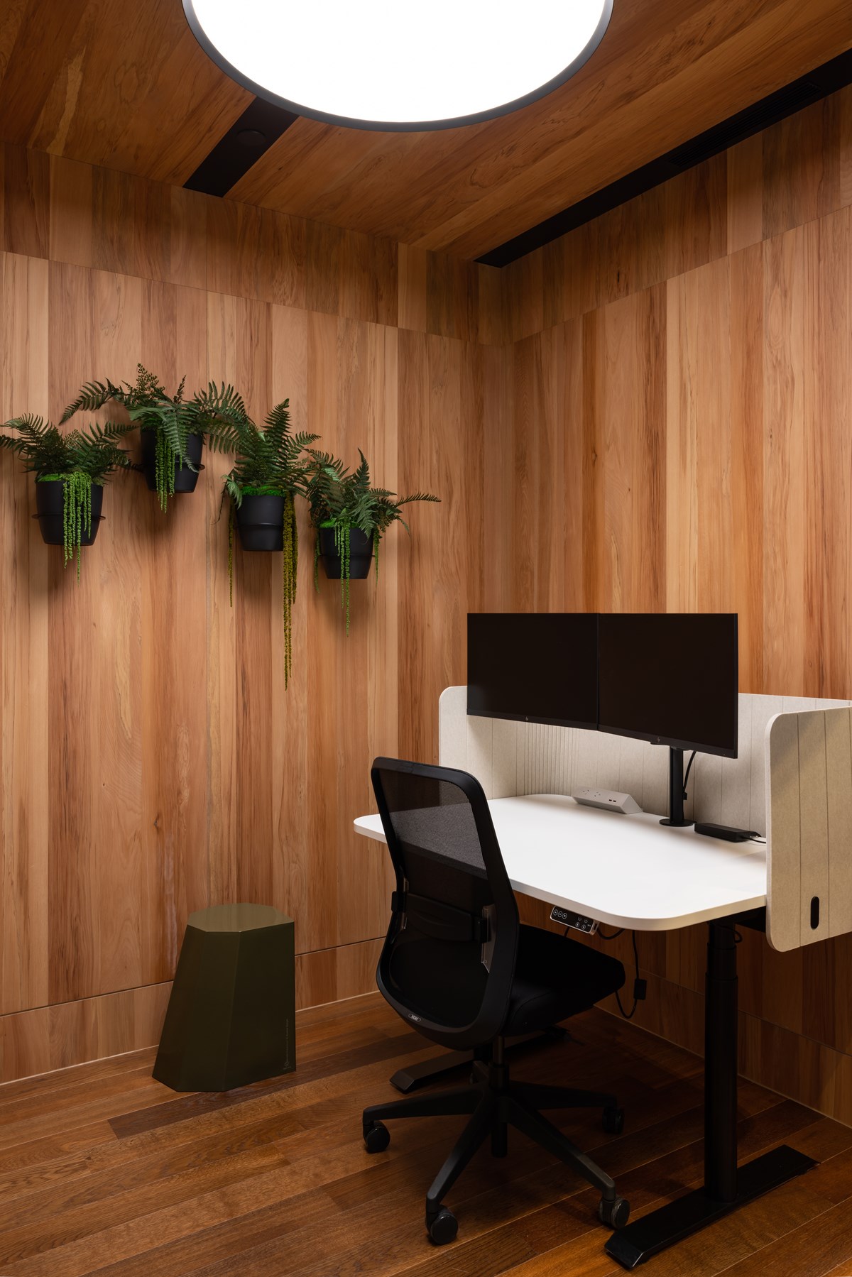 Office corner with wall panels in mixed rimu veneer