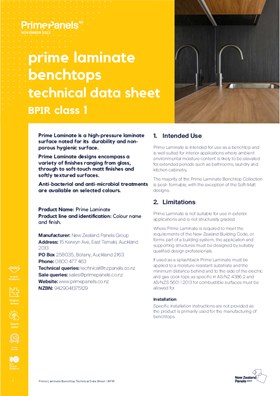 Prime Laminate Benchtop Technical Data Sheet / BPIR