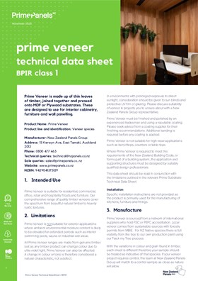Prime Veneer Technical Data Sheet / BPIR