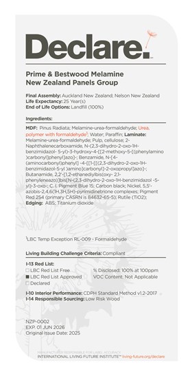 Prime & Bestwood Melamine Declare label