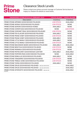Prime Stone Clearance Stock List